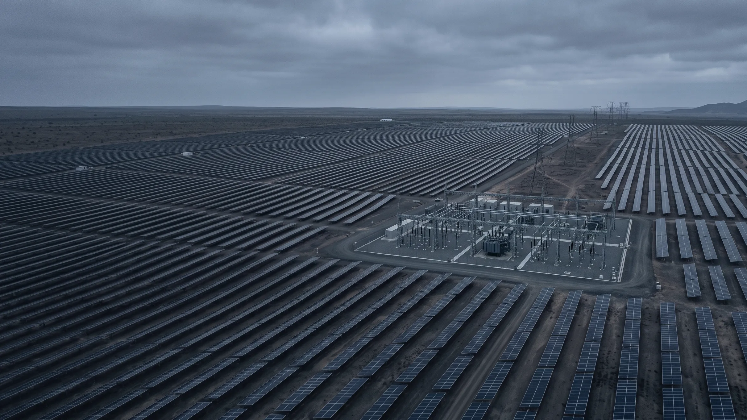 Aerial view of a utility scale solar plant with a central substation