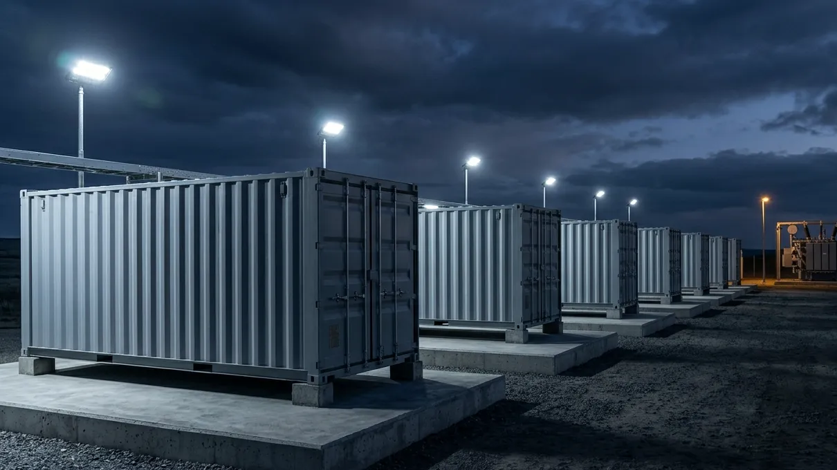 Containerised battery energy storage units beside a substation at night