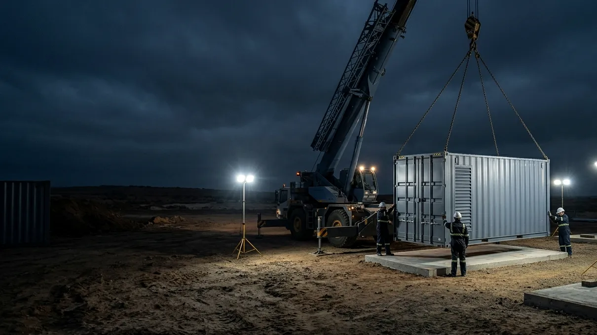 Mobile crane placing a containerised generator onto a concrete plinth at night