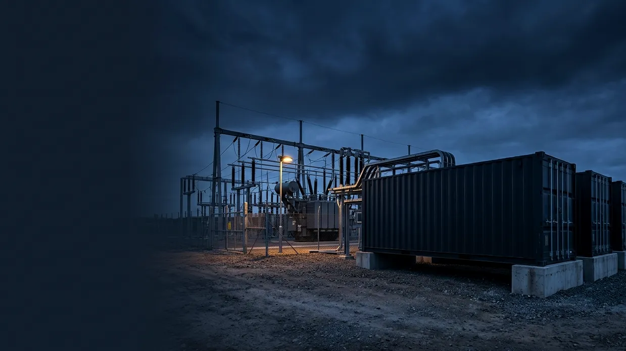 Containerised power plant on concrete foundations beside a fenced substation at dusk