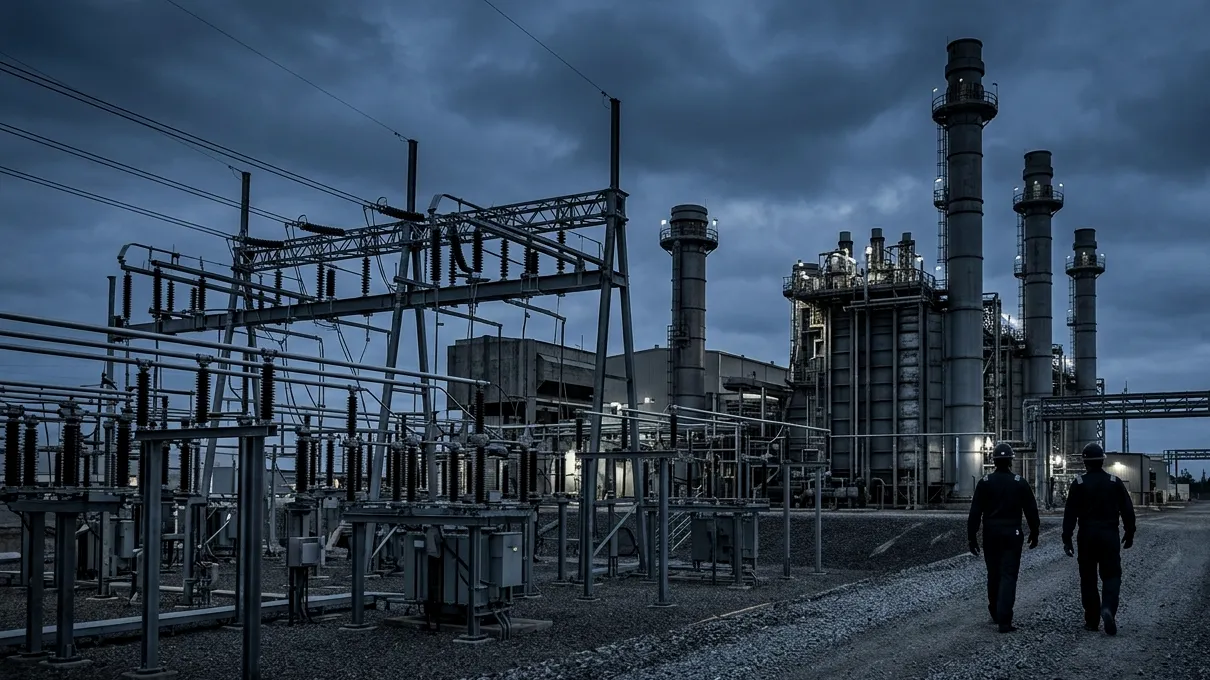 Gas fired power plant and high voltage switchyard at dusk