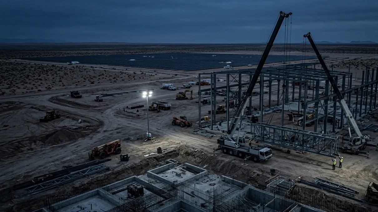 Aerial view of a power plant construction site with structural steel and cranes