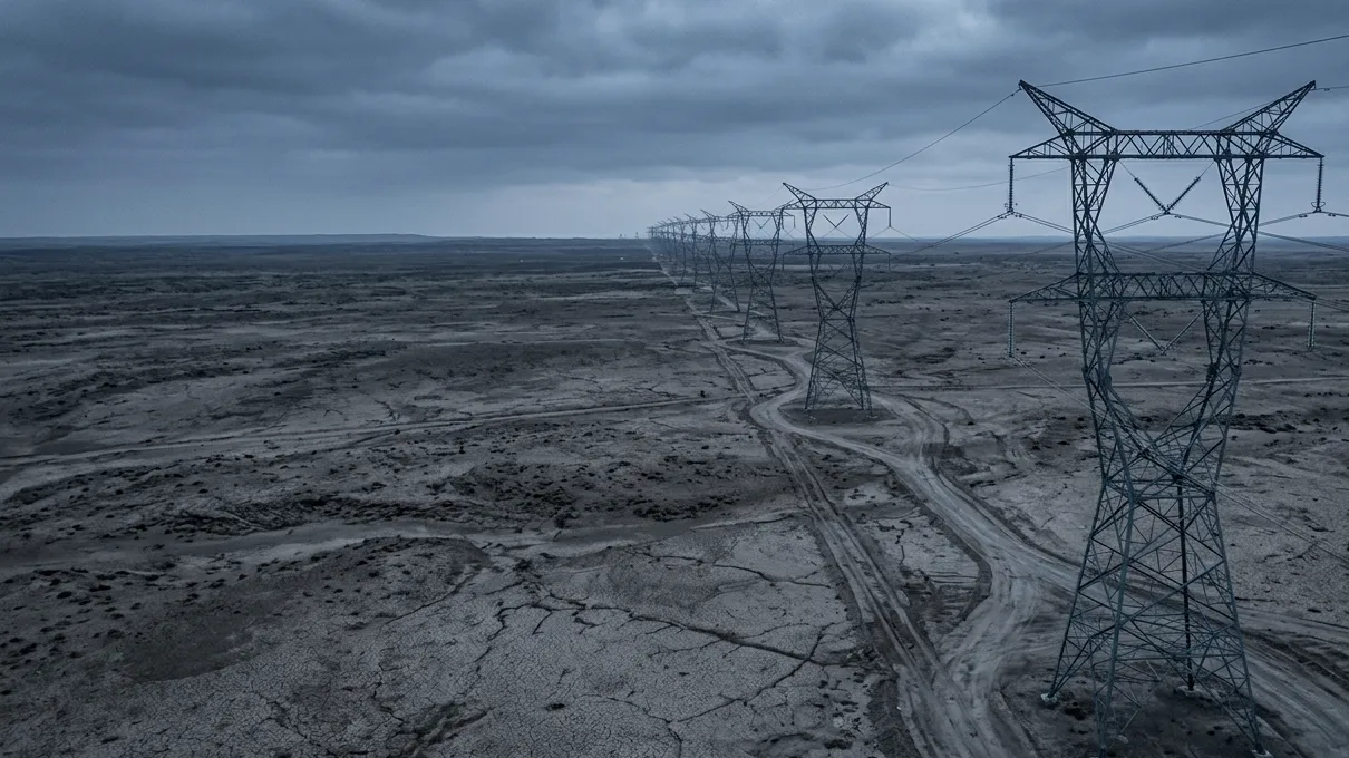 High voltage transmission line crossing arid terrain