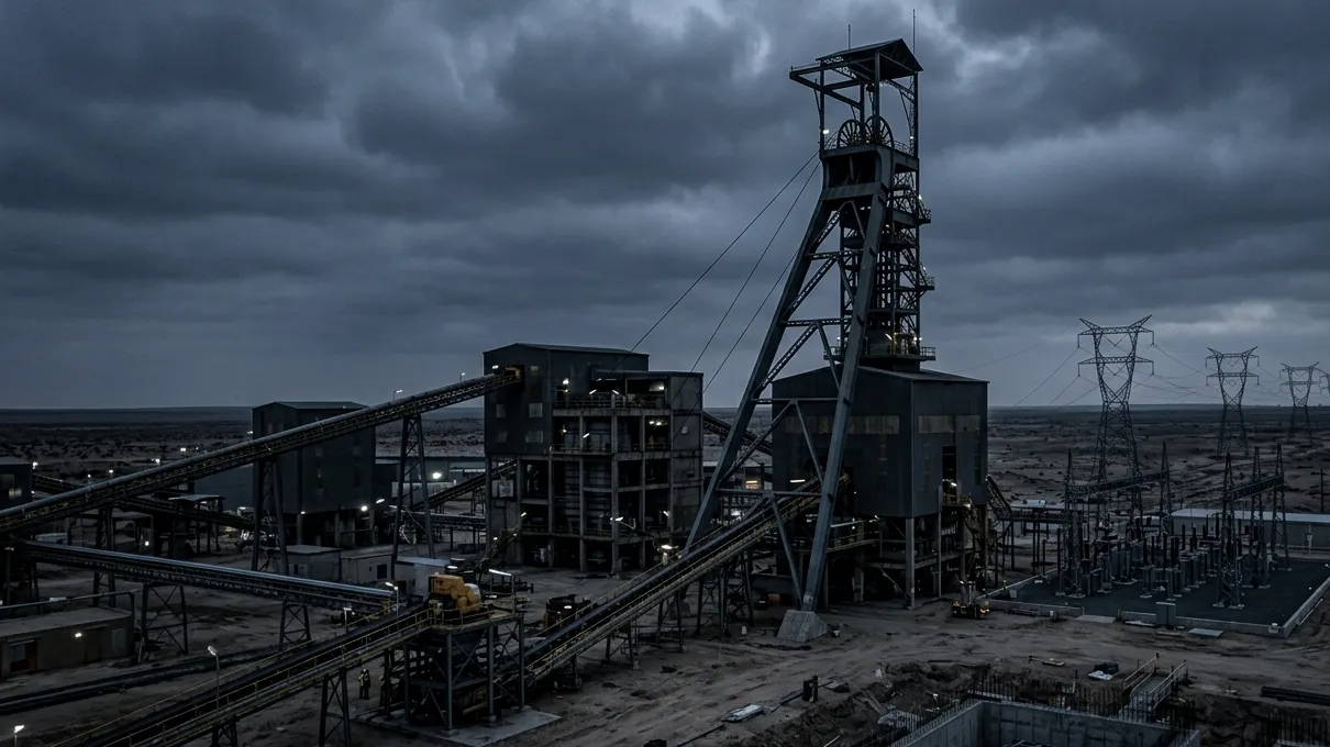 Mine headgear and processing plant with transmission lines under a storm sky