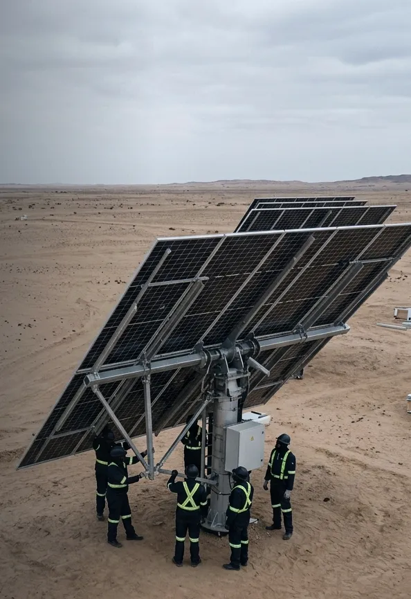 Workers assembling a single axis solar tracker in desert terrain